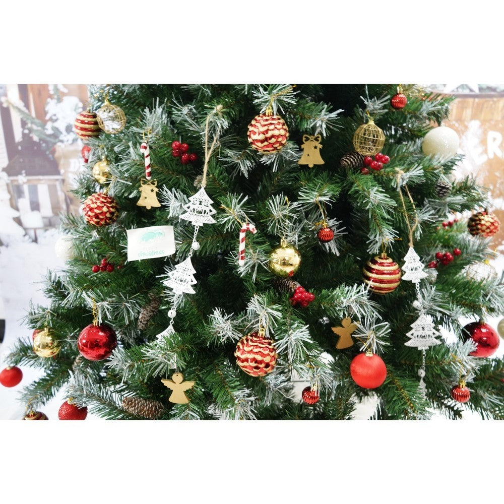 Set brad artificial de Craciun si elemente decorative, nins, decorat cu conuri pin, pentru interior/exterior, inaltime 210 cm, diametru 147 cm, 1150 ramuri, Flippy, verde, suport metalic inclus - vivimall.ro