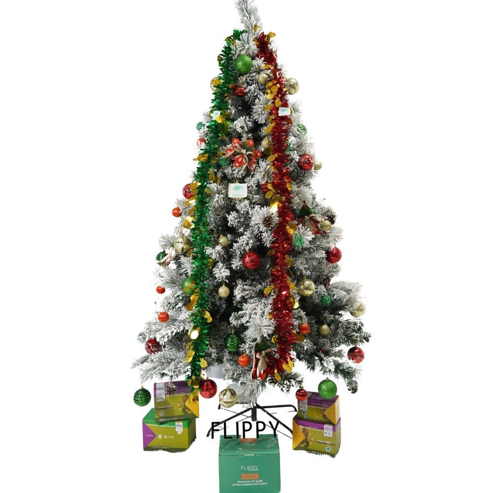 Set brad artificial de Craciun si elemente decorative, nins, decorat cu conuri pin, pentru interior/exterior, inaltime 210 cm, diametru 131 cm, 630 ramuri, Flippy, alb/verde, suport metalic inclus - vivimall.ro