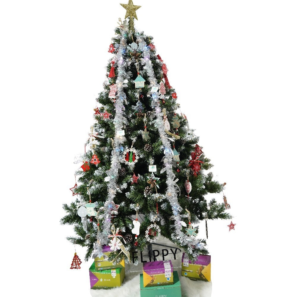 Set brad artificial de Craciun si elemente decorative, nins, decorat cu conuri pin, pentru perete/colt, inaltime 210 cm, diametru 149 cm, 1224 ramuri, Flippy, verde, suport metalic inclus - vivimall.ro