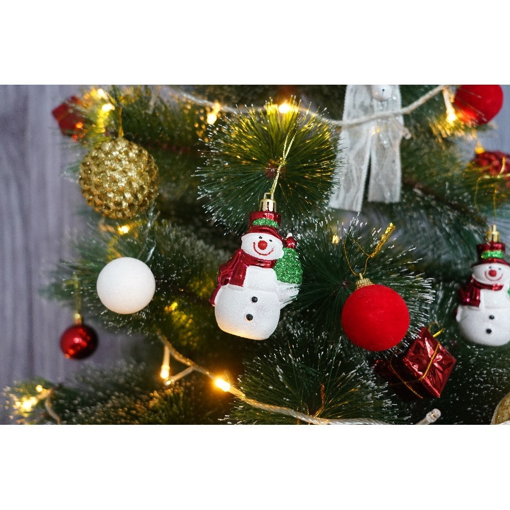 Set brad artificial de Craciun si elemente decorative tip pin inzapezit tip 1, inaltime 150 cm, diametru 85 cm, 160 ramuri cu ace 3D 12 cm, Vivimall, verde cu varfuri, ninse, suport metalic inclus - vivimall.ro