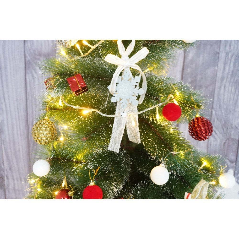 Set brad artificial de Craciun si elemente decorative tip pin inzapezit tip 2, inaltime 150 cm, diametru 85 cm, 160 ramuri cu ace 3D 12 cm, Vivimall, verde cu varfuri, ninse, suport metalic inclus - vivimall.ro