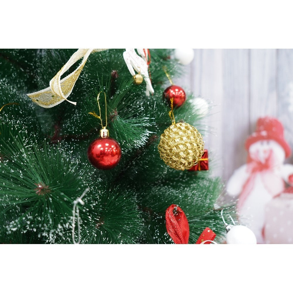 Set brad artificial de Craciun si elemente decorative tip pin inzapezit tip 3, inaltime 150 cm, diametru 85 cm, 160 ramuri cu ace 3D 12 cm, Vivimall, verde cu varfuri, ninse, suport metalic inclus - vivimall.ro