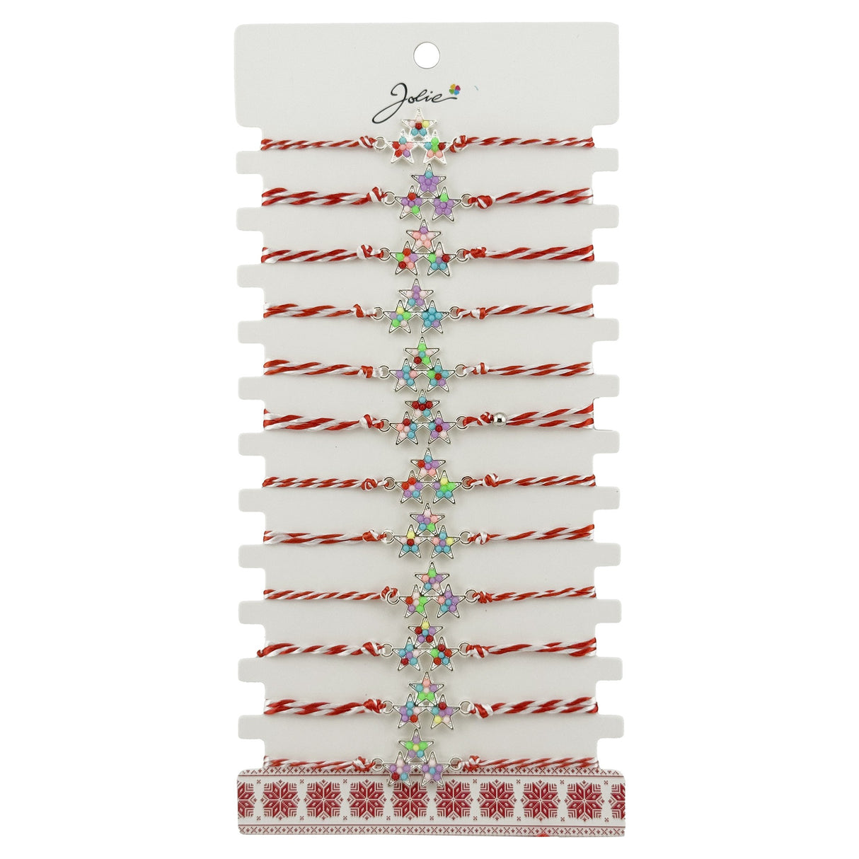 Bratara Martisor pentru Dama, Jolie, Model 3 Stele, Set 12 bucati, Pandativ Argintiu din Inox cu Elemente Multicolore, Snur Alb/Rosu - vivimall.ro