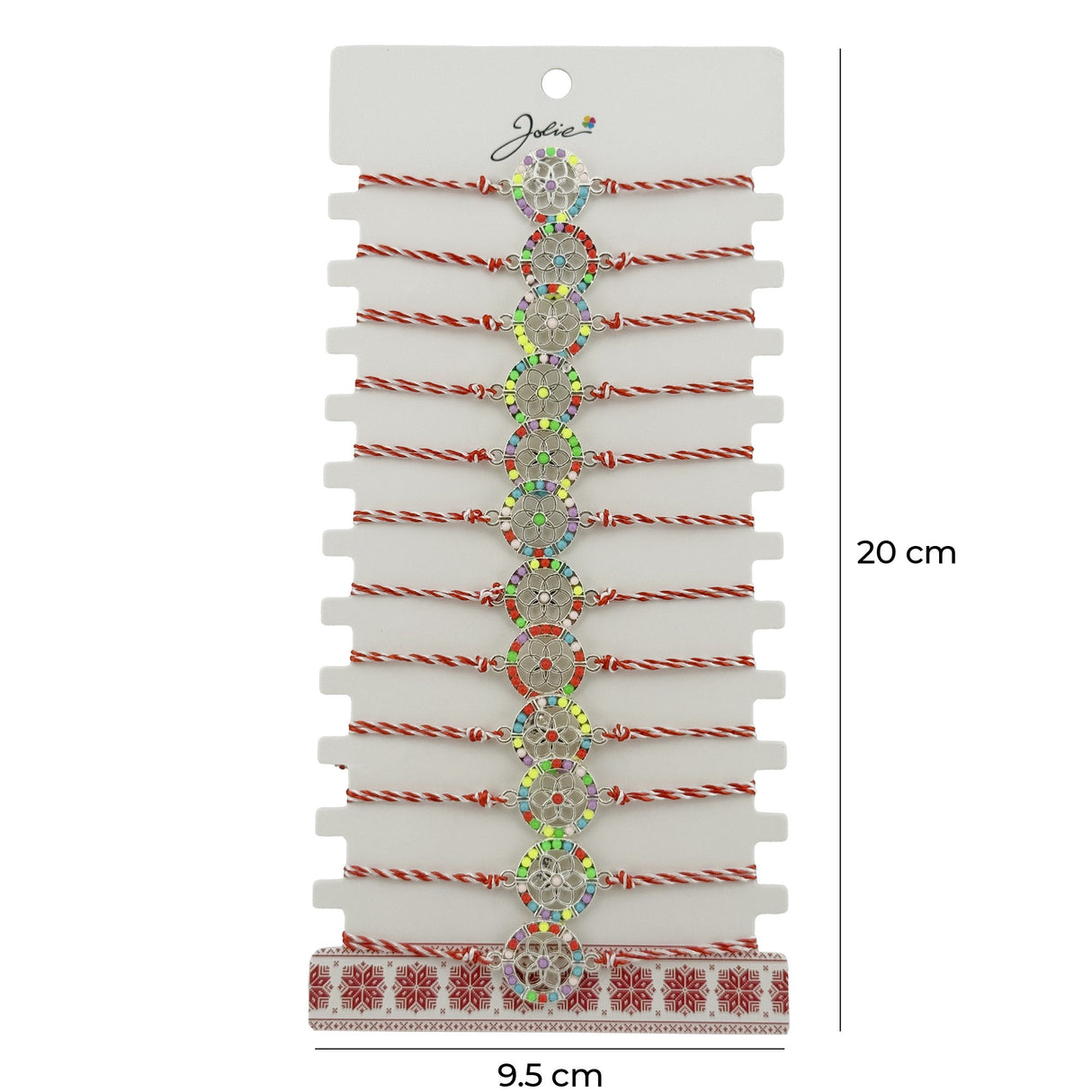 Bratara Martisor pentru Dama, Jolie, Model Floaricica in Cerc, Set 12 bucati, Pandativ Argintiu din Inox cu Elemente Multicolore, Snur Alb/Rosu - vivimall.ro