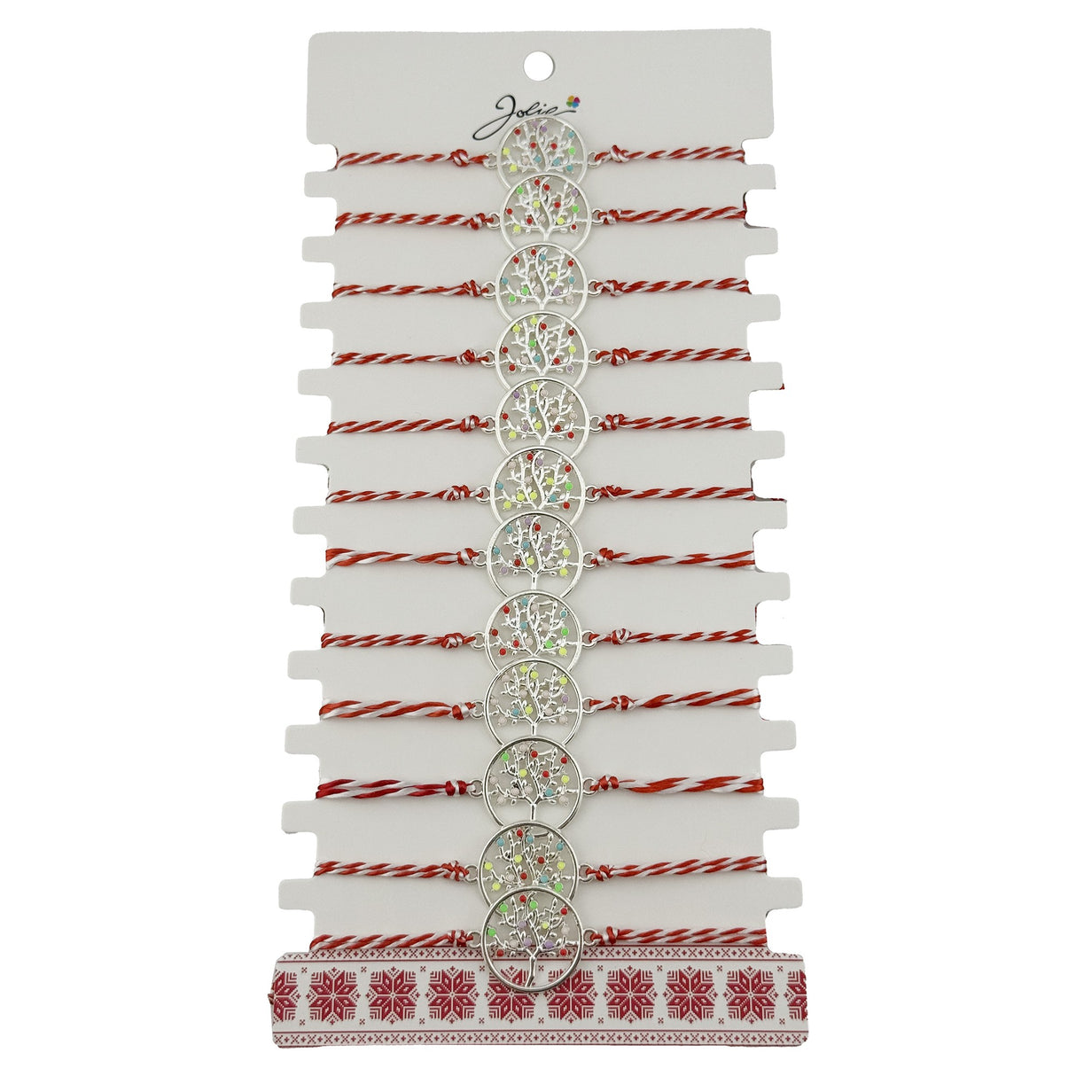 Set 12 brățări mărțișor damă Jolie, model Copac Multicolor, snur roșu-alb, pandantiv argintiu inox, vedere de ansamblu