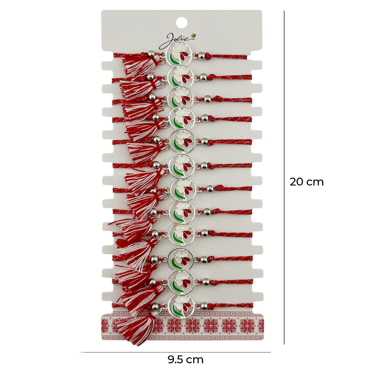 Martisor Bratara cu Ciucure pentru Dama, Jolie, Model Floare Alba, Set 12 bucati, Pandativ din Inox, Snur Reglabil, Rosu/Alb - vivimall.ro