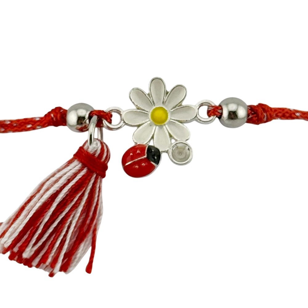 Martisor Bratara cu Ciucure pentru Dama, Jolie, Model Margareta cu Buburuza, Set 12 bucati, Pandativ din Inox, Snur Reglabil, Rosu/Alb - vivimall.ro