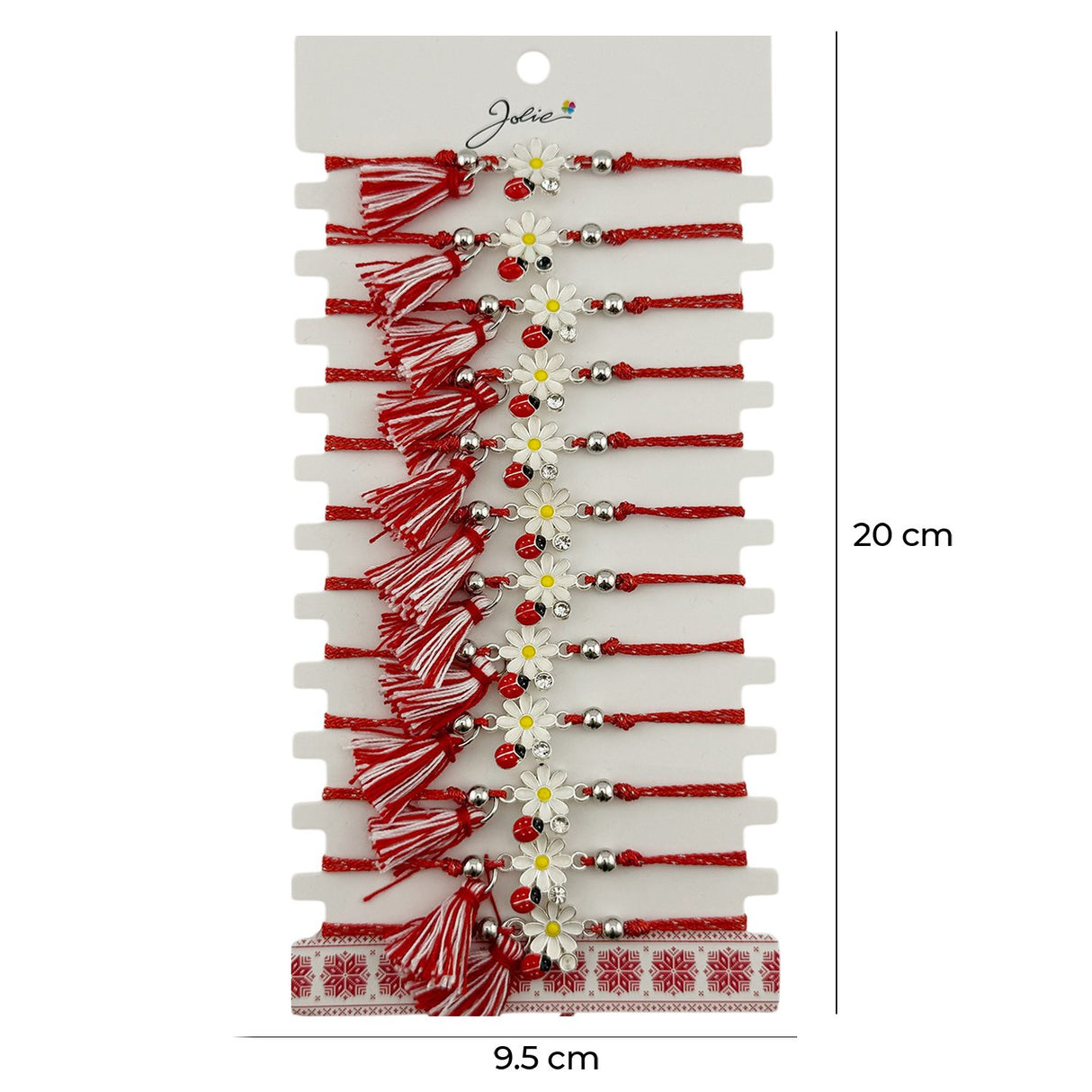 Martisor Bratara cu Ciucure pentru Dama, Jolie, Model Margareta cu Buburuza, Set 12 bucati, Pandativ din Inox, Snur Reglabil, Rosu/Alb - vivimall.ro