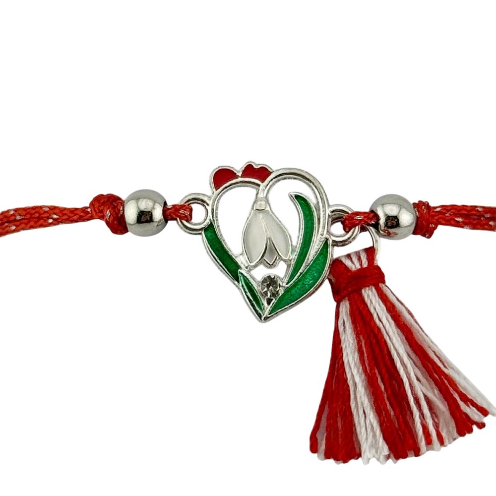 Martisor Bratara cu Ciucure pentru Dama, Jolie, Model Inima cu Ghiocel, Set 12 bucati, Pandativ din Inox, Snur Reglabil, Rosu/Alb - vivimall.ro