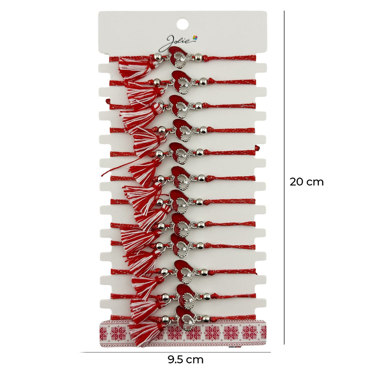 Martisor Bratara cu Ciucure pentru Dama, Jolie, Model Doua Inimi, Set 12 bucati, Pandativ din Inox cu Piatra, Snur Reglabil, Rosu/Alb - vivimall.ro