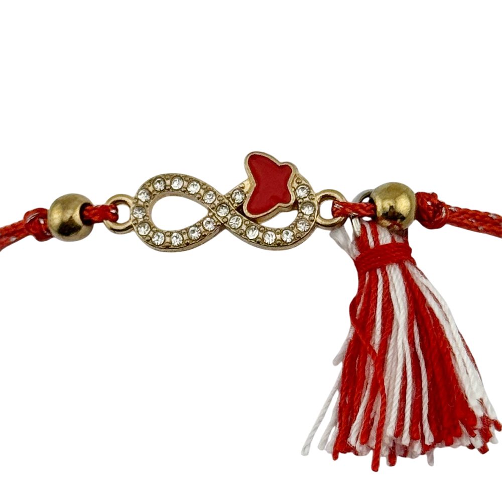 Martisor Bratara cu Ciucure pentru Dama, Jolie, Model Infinit cu Fluture, Set 12 bucati, Pandativ din Inox cu Pietre, Snur Reglabil, Rosu/Alb - vivimall.ro