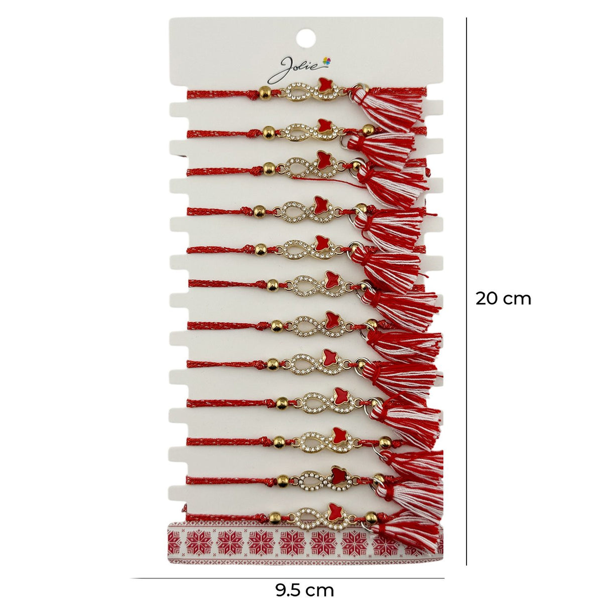 Martisor Bratara cu Ciucure pentru Dama, Jolie, Model Infinit cu Fluture, Set 12 bucati, Pandativ din Inox cu Pietre, Snur Reglabil, Rosu/Alb - vivimall.ro