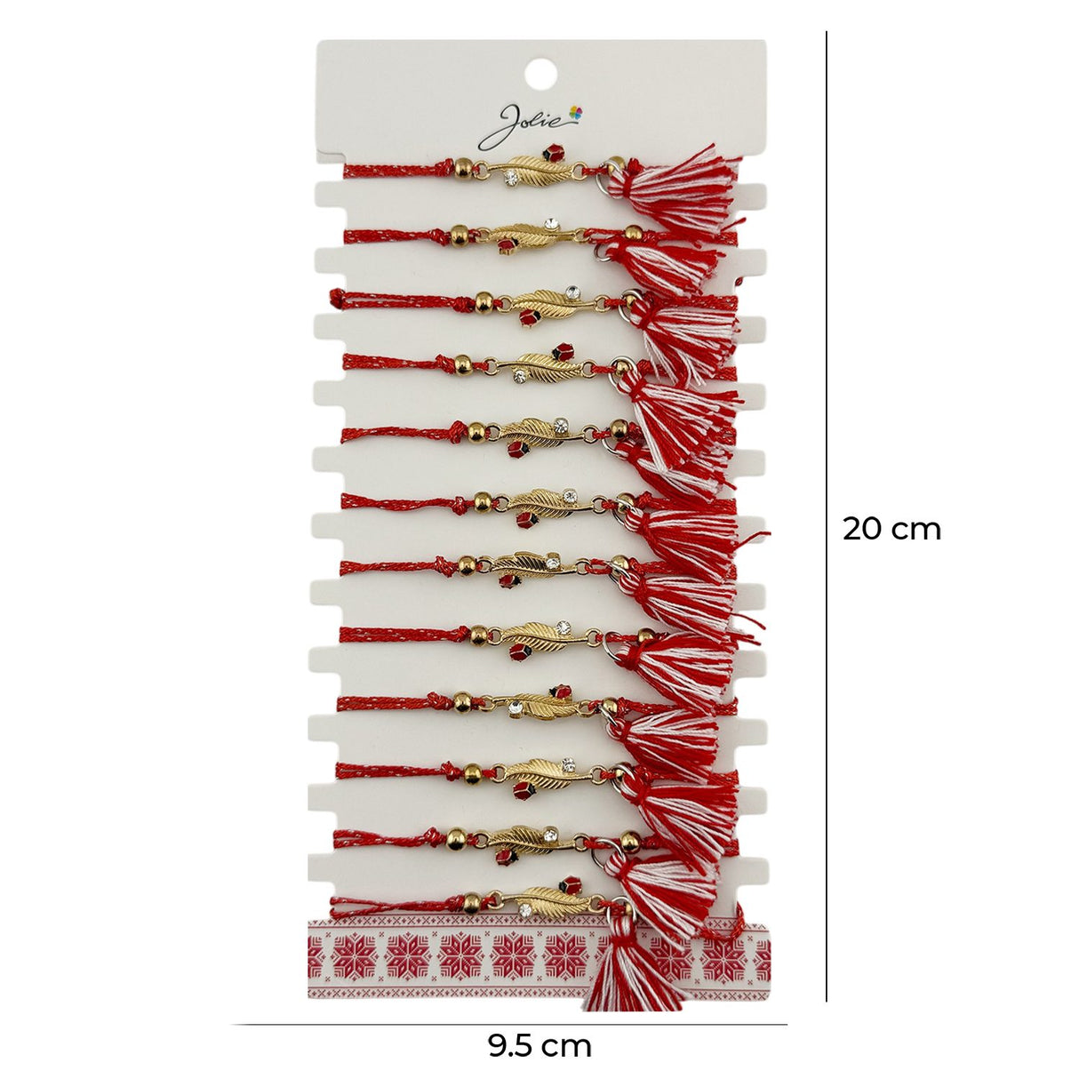 Martisor Bratara cu Ciucure pentru Dama, Jolie, Model Pana cu Buburuza, Set 12 bucati, Pandativ din Inox cu Piatra, Snur Reglabil, Rosu/Alb - vivimall.ro