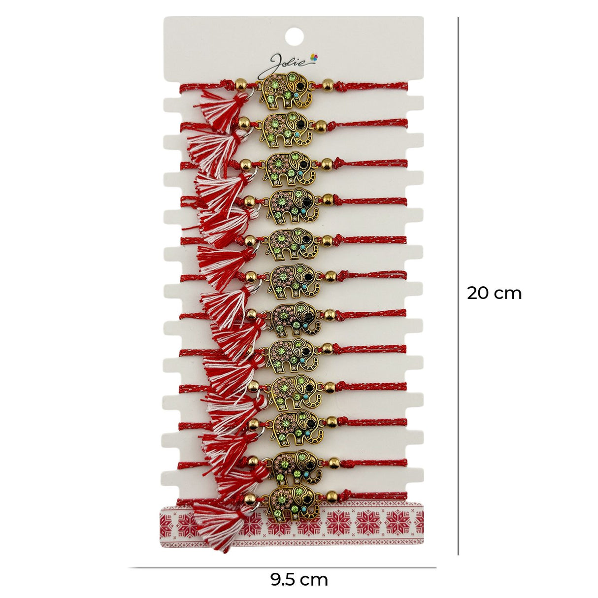 Martisor Bratara cu Ciucure pentru Dama, Jolie, Model Elefant cu Pietre Colorate, Set 12 bucati, Pandativ din Inox, Snur Reglabil, Rosu/Alb - vivimall.ro
