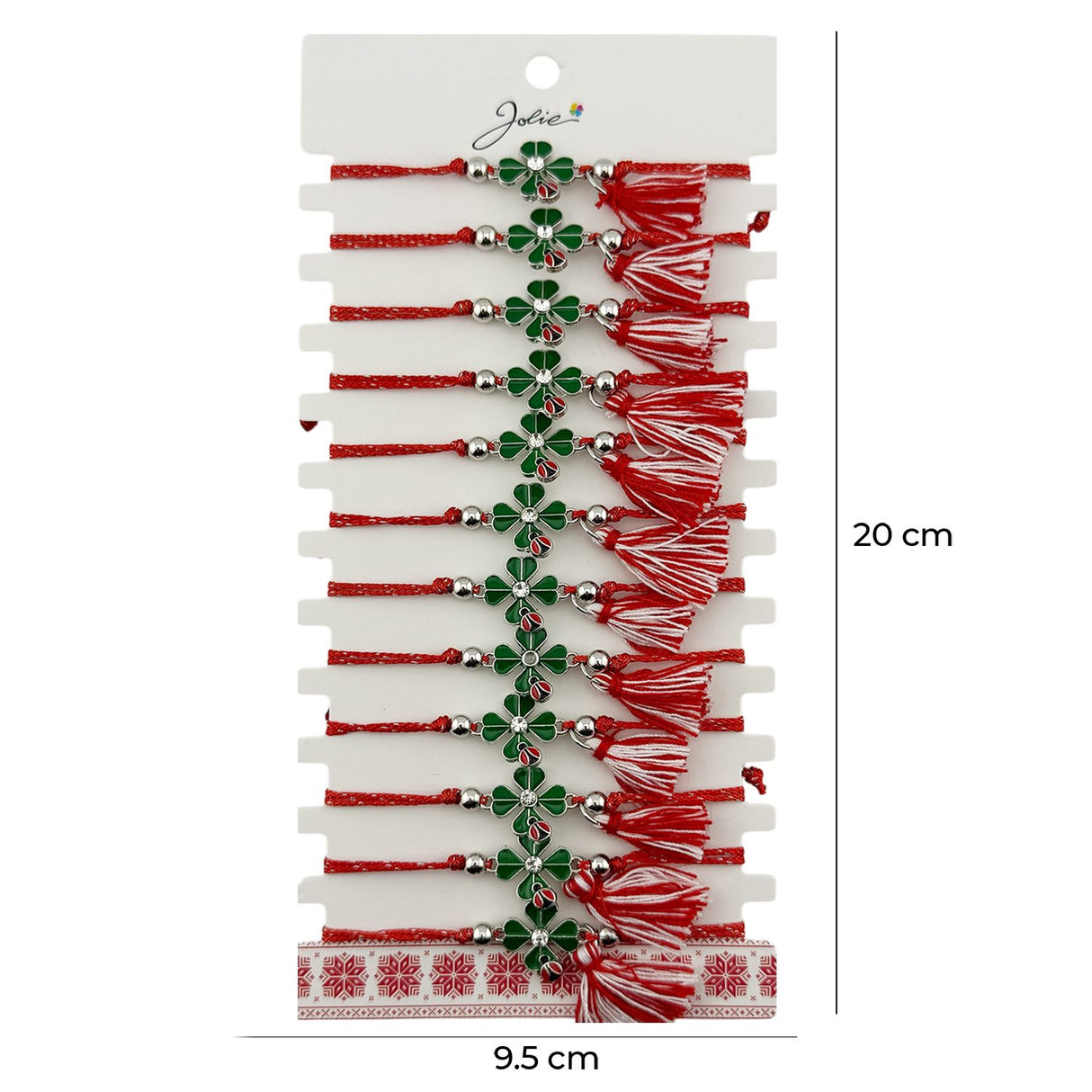 Martisor Bratara cu Ciucure pentru Dama, Jolie, Model Trifoi Verde cu Buburuza, Set 12 bucati, Pandativ din Inox cu Piatra, Snur Reglabil, Rosu/Alb - vivimall.ro