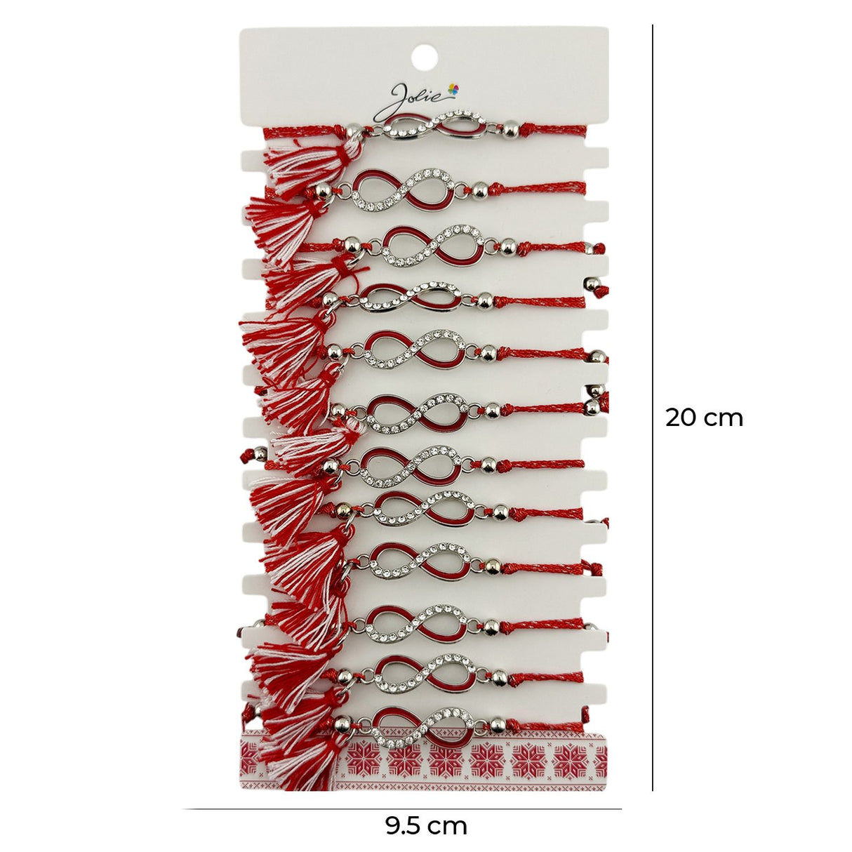 Martisor Bratara cu Ciucure pentru Dama, Jolie, Model Infinit cu Pietre, Set 12 bucati, Pandativ din Inox, Snur Reglabil, Rosu/Alb - vivimall.ro