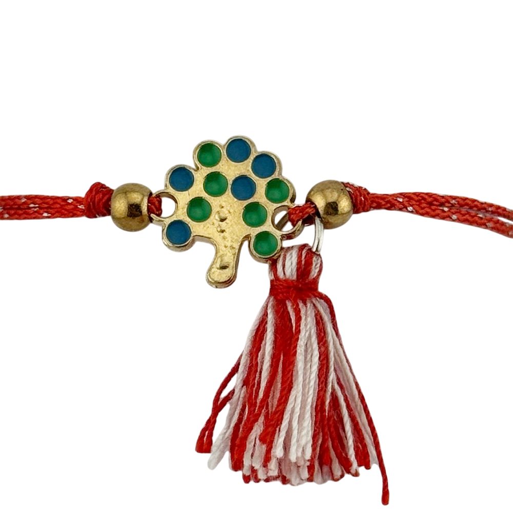 Martisor Bratara cu Ciucure pentru Dama, Jolie, Model Copacul Vietii, Set 12 bucati, Pandativ din Inox, Snur Reglabil, Rosu/Alb - vivimall.ro