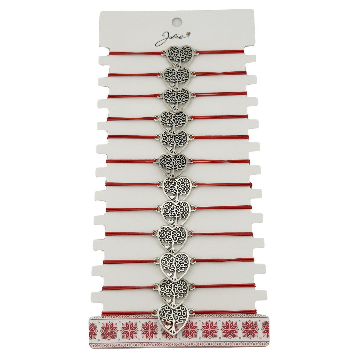 Bratara Martisor pentru Dama, Jolie, Model Copac in Inima, Set 12 bucati, Pandativ Argintiu din Inox cu Snur Rosu Ajustabil - vivimall.ro
