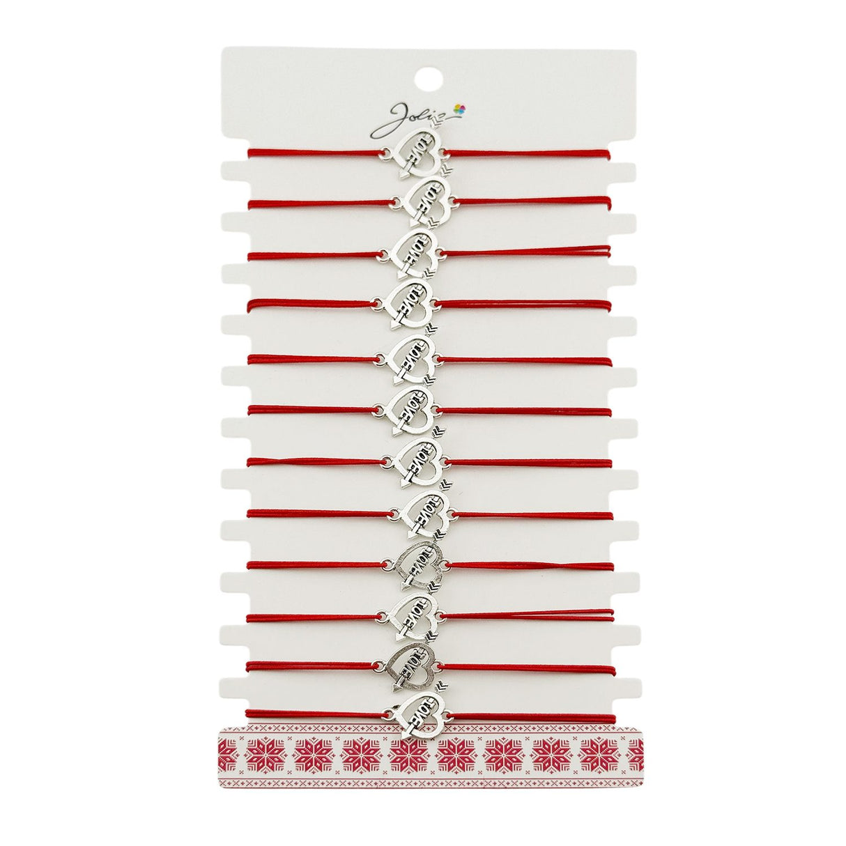 Martisor Bratara Elastica cu Pandantiv din Inox, Jolie, pentru Dama, Set 12 bucati, Snur Rosu Textil, Model Inima Love - vivimall.ro