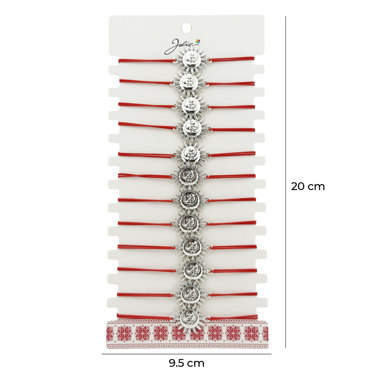 Bratara Martisor pentru Dama, Jolie, Model Soare, Set 12 bucati, Pandativ Argintiu din Inox cu Snur Rosu Ajustabil - vivimall.ro