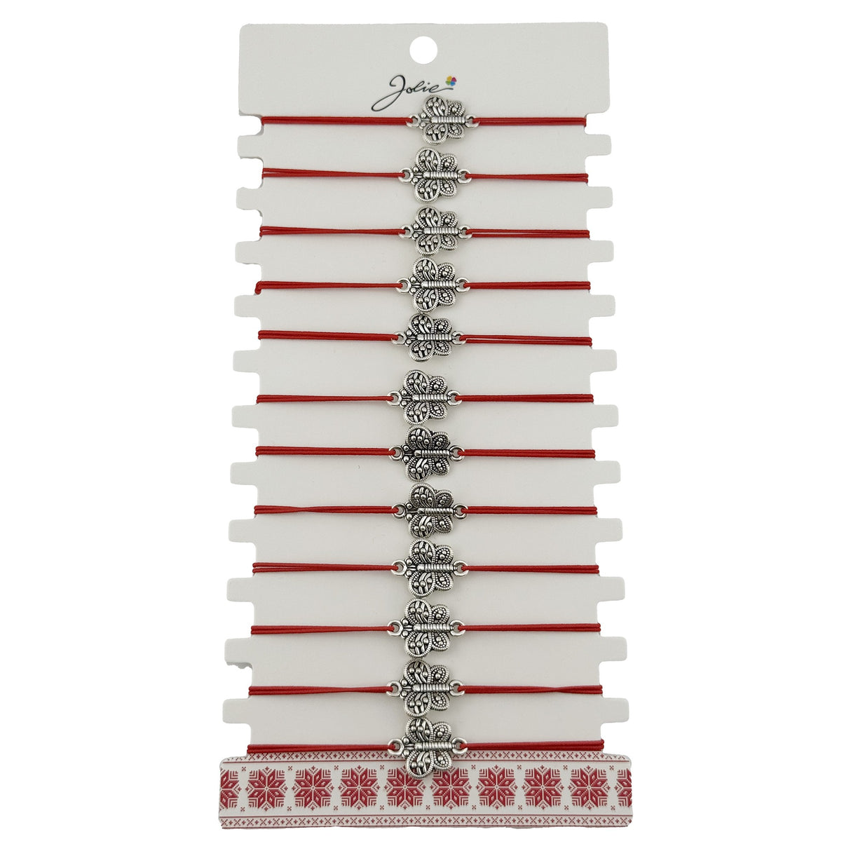 Bratara Martisor pentru Dama, Jolie, Model Fluturas, Set 12 bucati, Pandativ Argintiu din Inox cu Snur Rosu Ajustabil - vivimall.ro