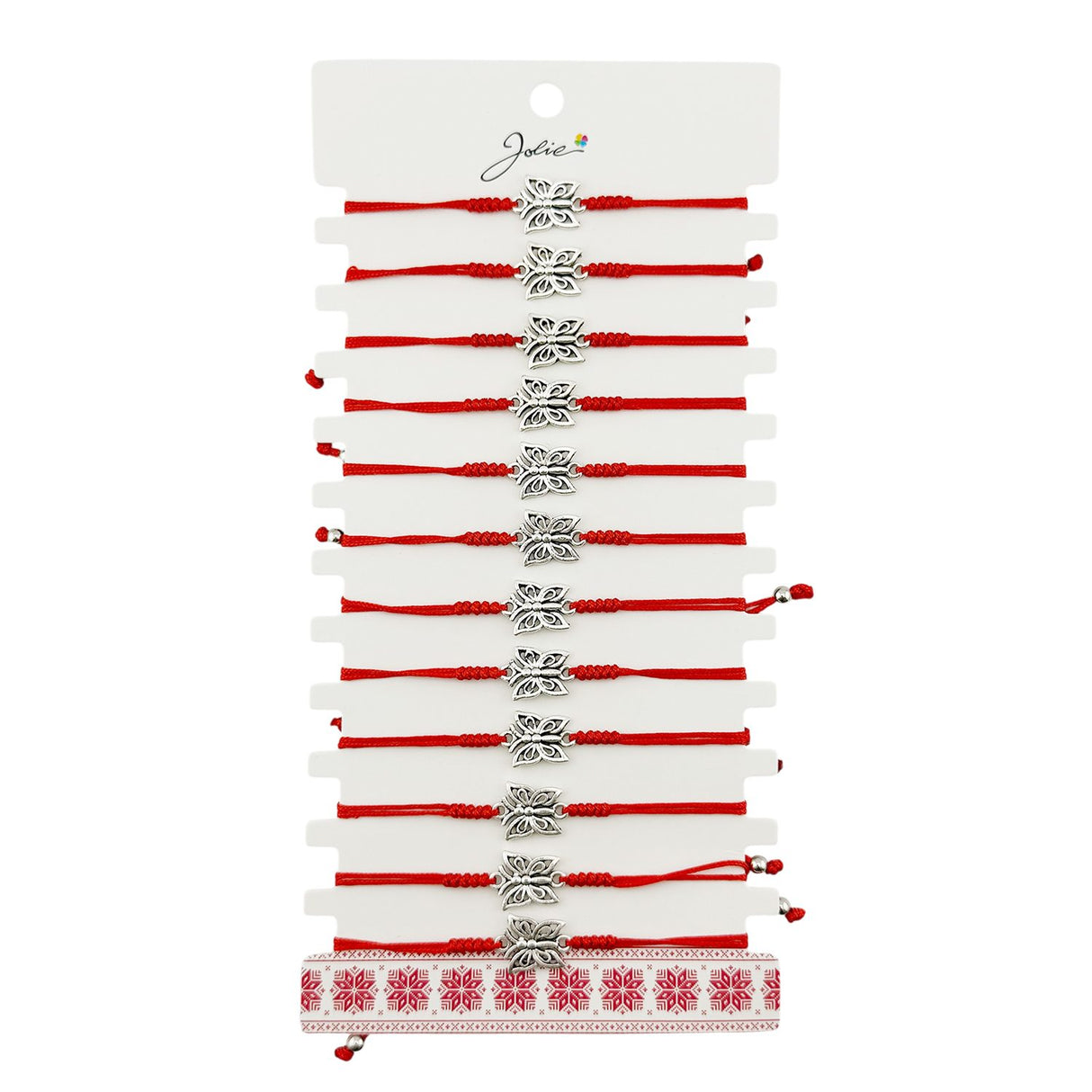 Martisor Bratara Impletita cu Pandantiv din Inox, Jolie, pentru Dama, Set 12 bucati, Snur Rosu Textil, Dimensiune Reglabila, Model Fluture - vivimall.ro