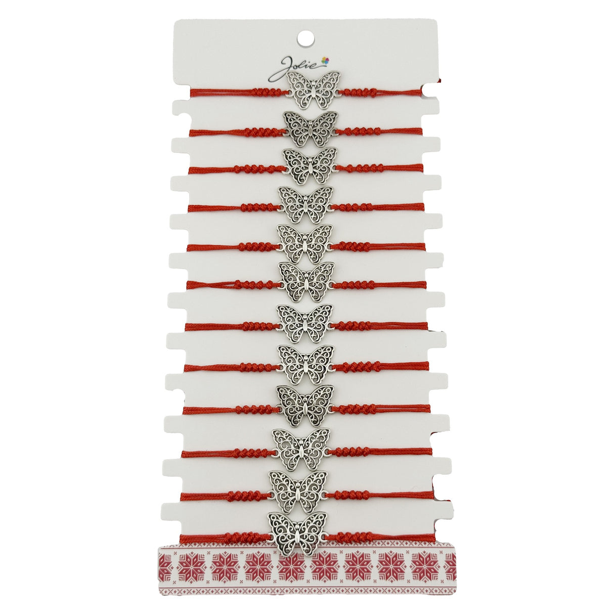 Bratara Martisor pentru Dama, Jolie, Model Fluture, Set 12 bucati, Pandativ Argintiu din Inox cu Snur Rosu Ajustabil - vivimall.ro