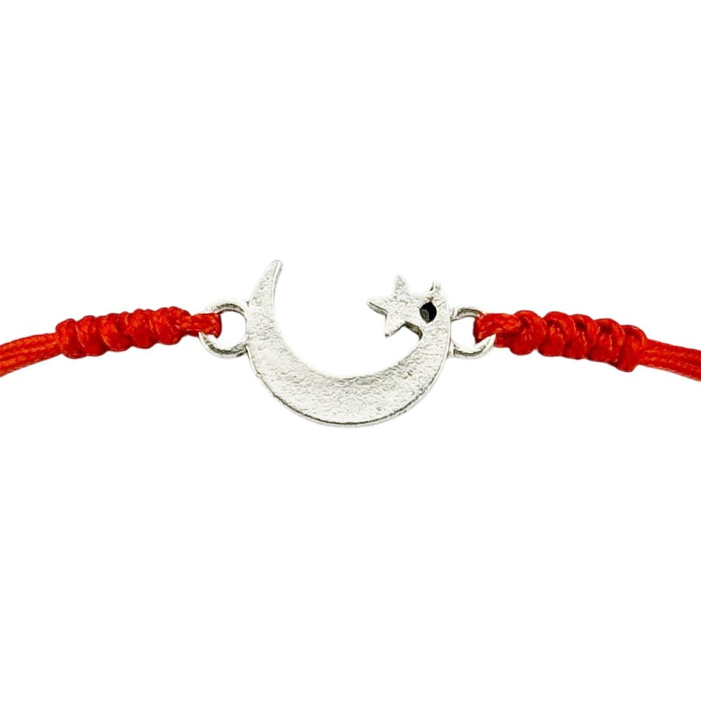 Martisor Bratara Impletita cu Pandantiv din Inox, Jolie, pentru Dama, Set 12 bucati, Snur Rosu Textil, Dimensiune Reglabila, Model Luna Stea - vivimall.ro