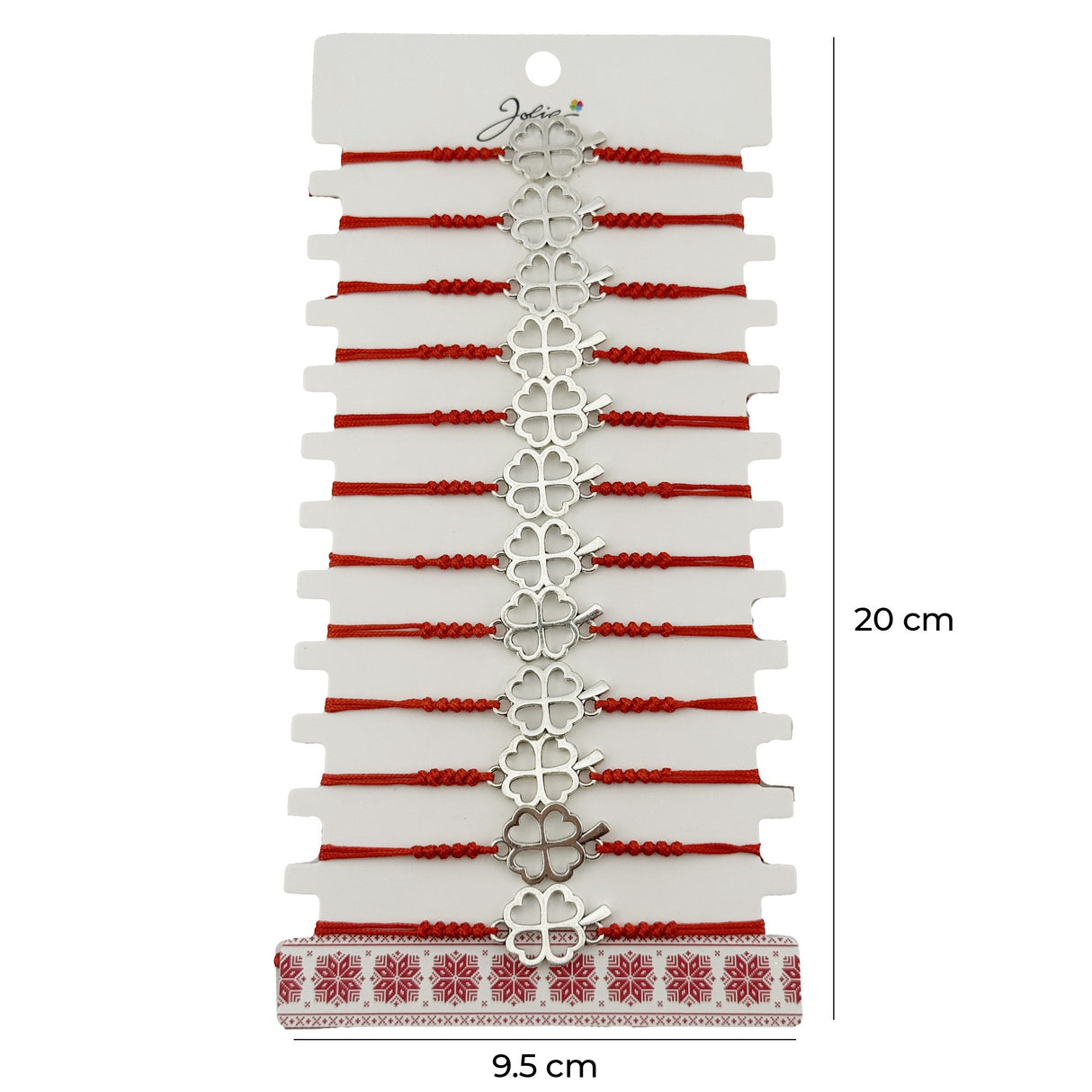 Bratara Martisor pentru Dama, Jolie, Model Trifoi in Contur, Set 12 bucati, Pandativ Argintiu din Inox cu Snur Rosu Ajustabil - vivimall.ro