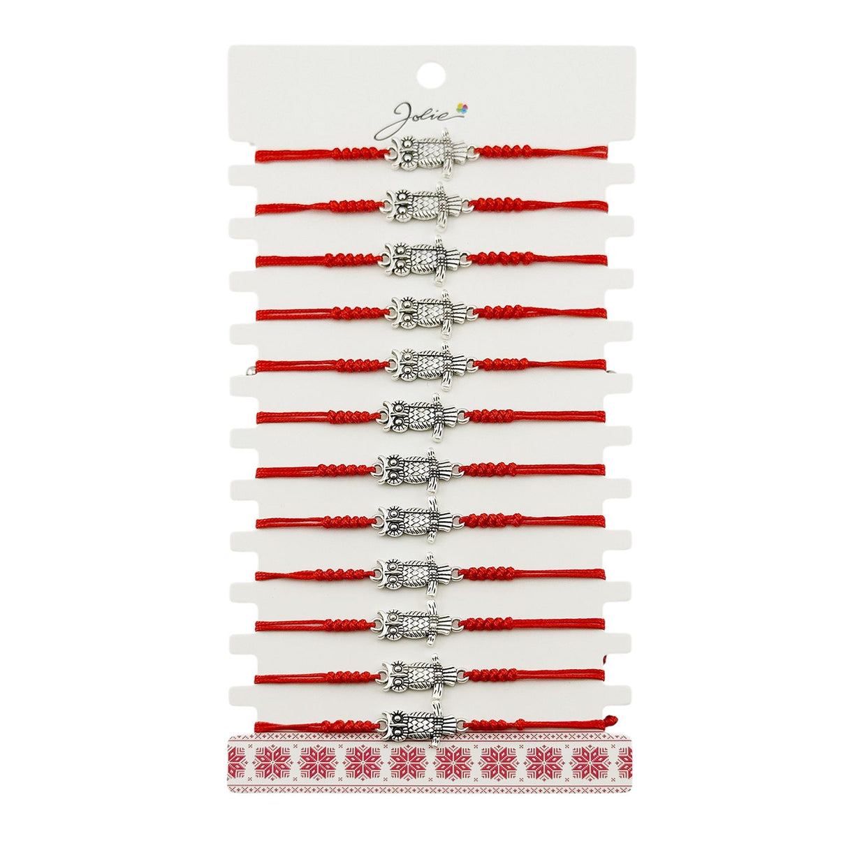 Martisor Bratara Impletita cu Pandantiv din Inox, Jolie, pentru Dama, Set 12 bucati, Snur Rosu Textil, Dimensiune Reglabila, Model Bufnita - vivimall.ro
