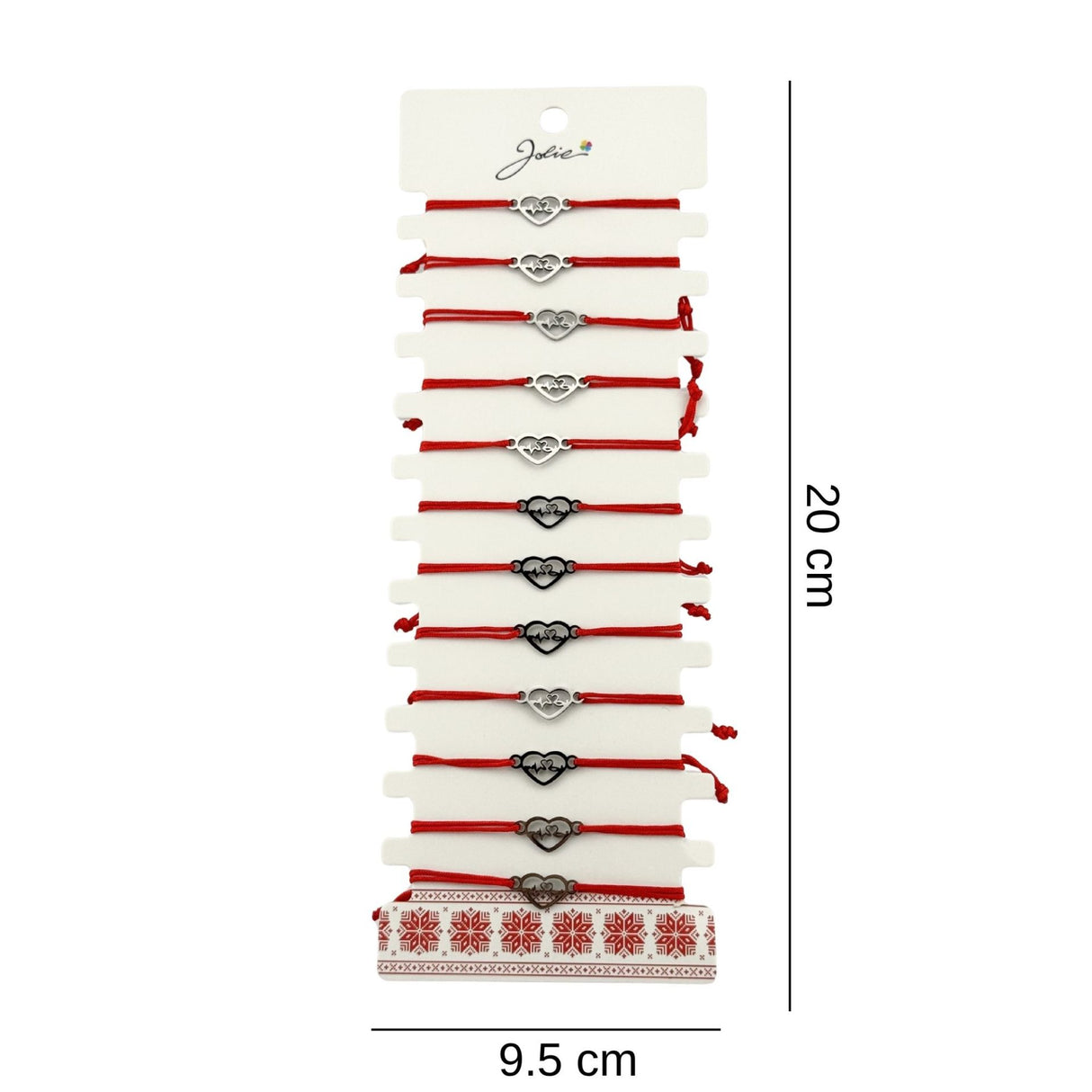 Bratara Martisor pentru Dama, Jolie, Model Inima, Set 12 bucati, Pandativ Argintiu din Inox cu Snur Rosu Ajustabil - vivimall.ro