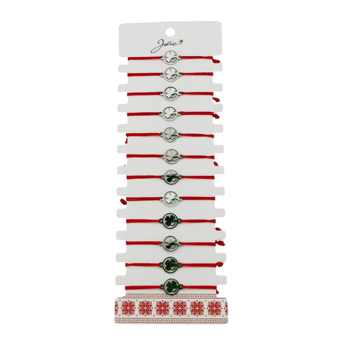 Bratara Martisor pentru Dama, Jolie, Model Trifoi cu Inima, Set 12 bucati, Pandativ Argintiu din Inox cu Snur Rosu Ajustabil - vivimall.ro