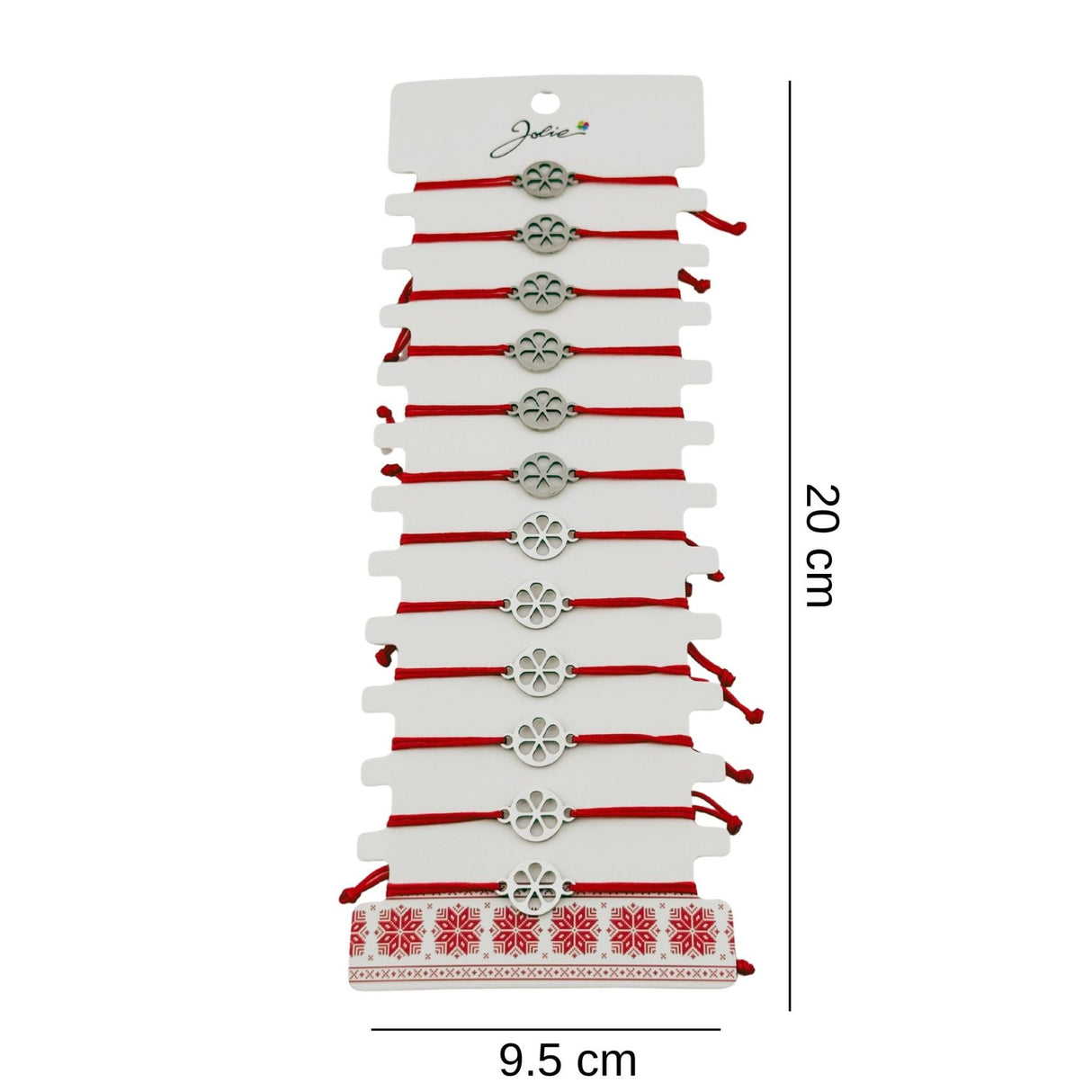 Bratara Martisor pentru Dama, Jolie, Model Floare in Cerc, Set 12 bucati, Pandativ Argintiu din Inox cu Snur Rosu Ajustabil - vivimall.ro