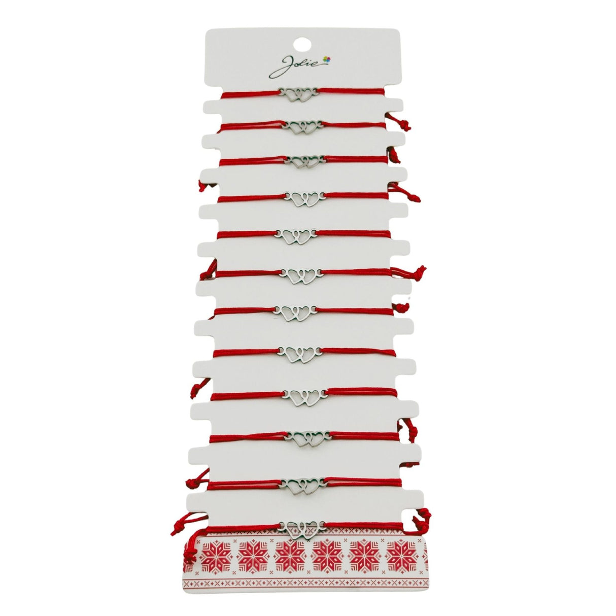 Bratara Martisor pentru Dama, Jolie, Model Doua Inimi, Set 12 bucati, Pandativ Argintiu din Inox cu Snur Rosu Ajustabil - vivimall.ro