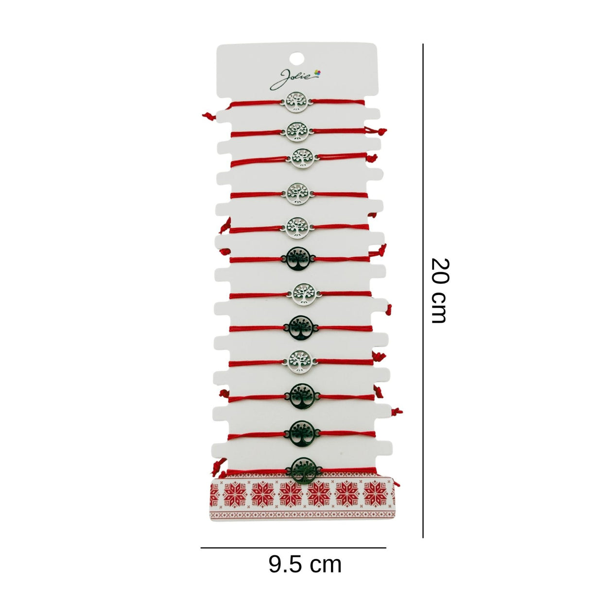 Bratara Martisor pentru Dama, Jolie, Model Copac in Cerc, Set 12 bucati, Pandativ Argintiu din Inox cu Snur Rosu Ajustabil - vivimall.ro
