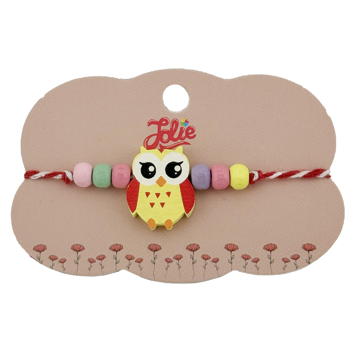 Bratara Martisor pentru Copii, Jolie, Pandativ Bufnita, cu Margele Multicolore, Snur Alb/Rosu, Galben - vivimall.ro