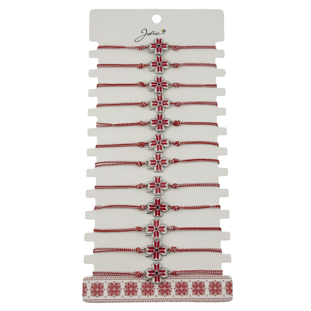 Bratara Martisor pentru Dama, Jolie, Model Trifoi, Set 12 bucati, Pandativ din Aliaj cu Print Traditional, Snur Ajustabil Impletit, Alb/Rosu - vivimall.ro