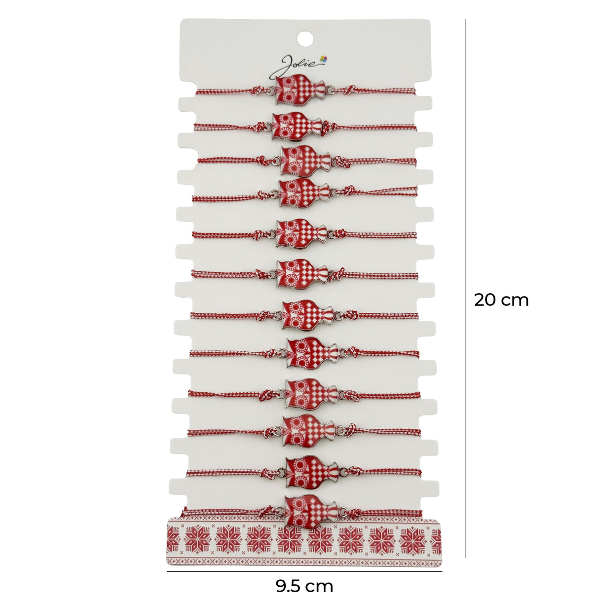 Bratara Martisor pentru Dama, Jolie, Model Bufnita, Set 12 bucati, Pandativ din Aliaj cu Print Traditional, Snur Ajustabil Impletit, Alb/Rosu - vivimall.ro