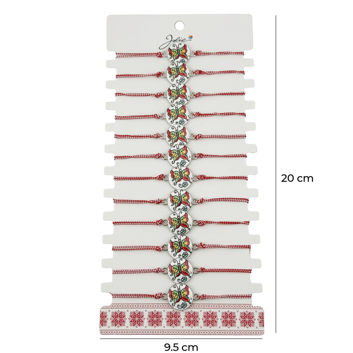 Bratara Martisor pentru Dama, Jolie, Model Fluture, Set 12 bucati, Pandativ din Aliaj cu Print Traditional, Snur Ajustabil Impletit, Alb/Rosu - vivimall.ro