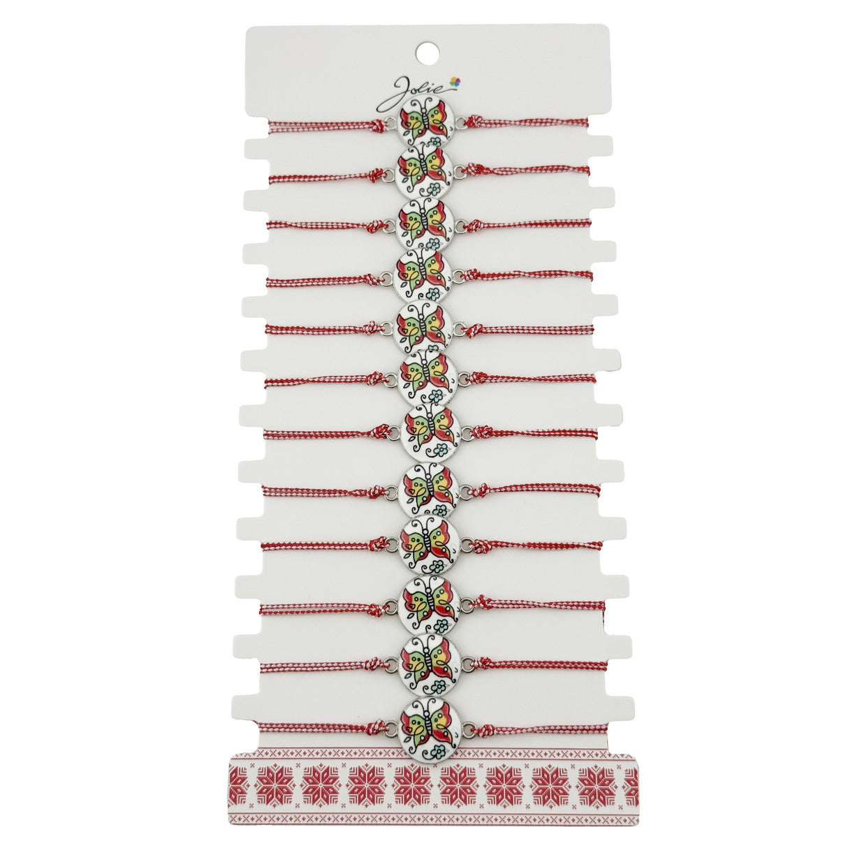 Bratara Martisor pentru Dama, Jolie, Model Fluture, Set 12 bucati, Pandativ din Aliaj cu Print Traditional, Snur Ajustabil Impletit, Alb/Rosu - vivimall.ro
