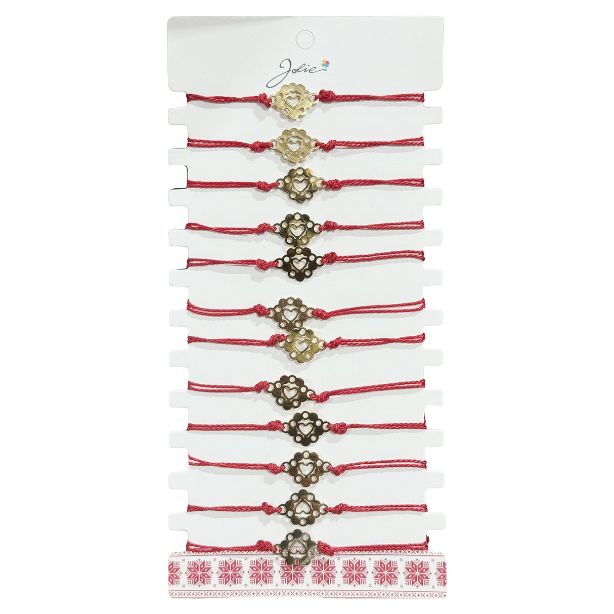 Bratara Martisor pentru Dama, Jolie, Model Inima in Floare, Set 12 bucati, Pandativ Auriu din Inox cu Snur Rosu Ajustabil - vivimall.ro