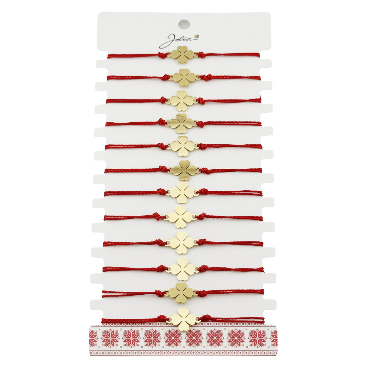 Bratara Martisor pentru Dama, Jolie, Model Trifoi, Set 12 bucati, Pandativ din Inox Auriu, Snur Ajustabil Impletit, Rosu - vivimall.ro