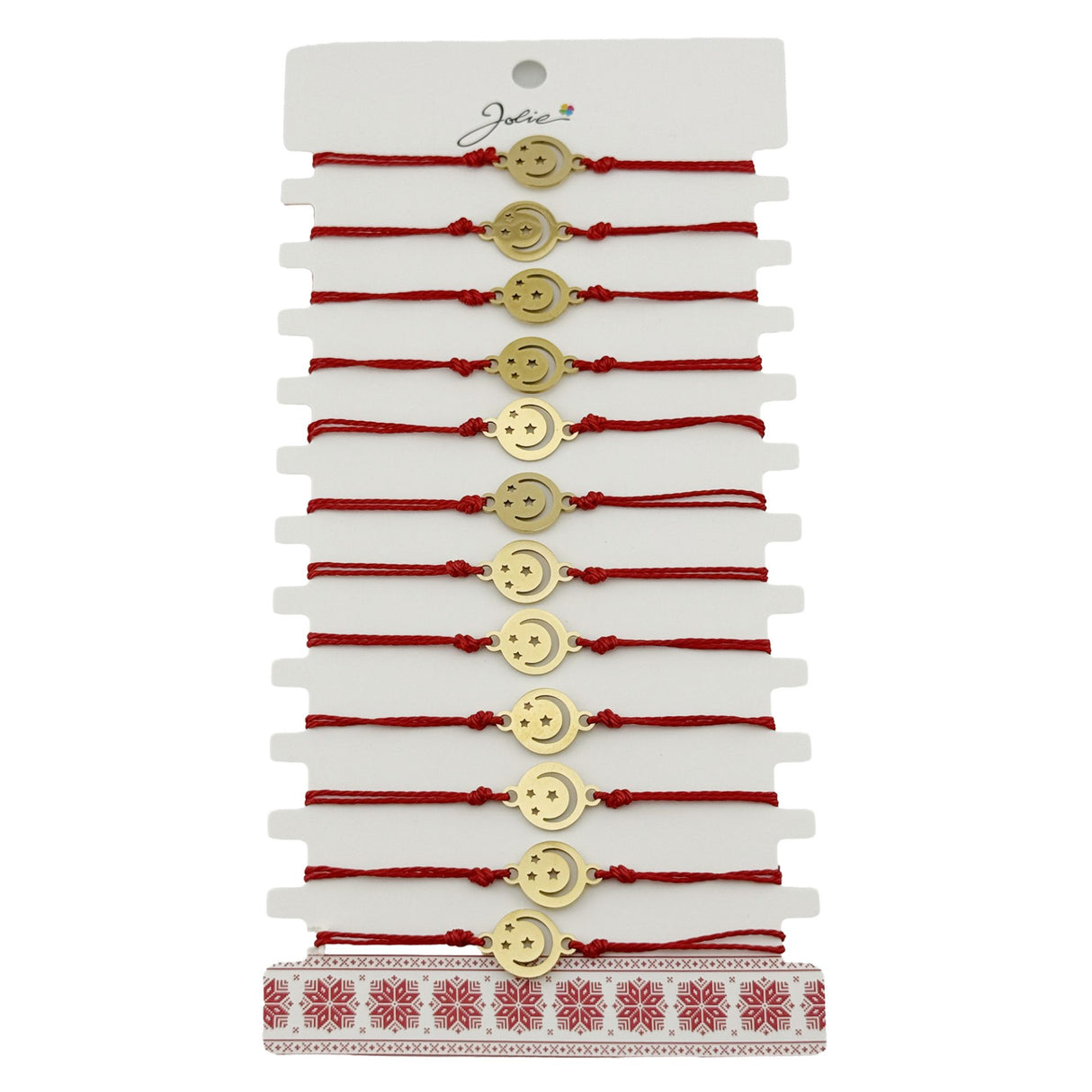 Bratara Martisor pentru Dama, Jolie, Model Luna cu Stele, Set 12 bucati, Pandativ din Inox Auriu, Snur Ajustabil Impletit, Rosu - vivimall.ro