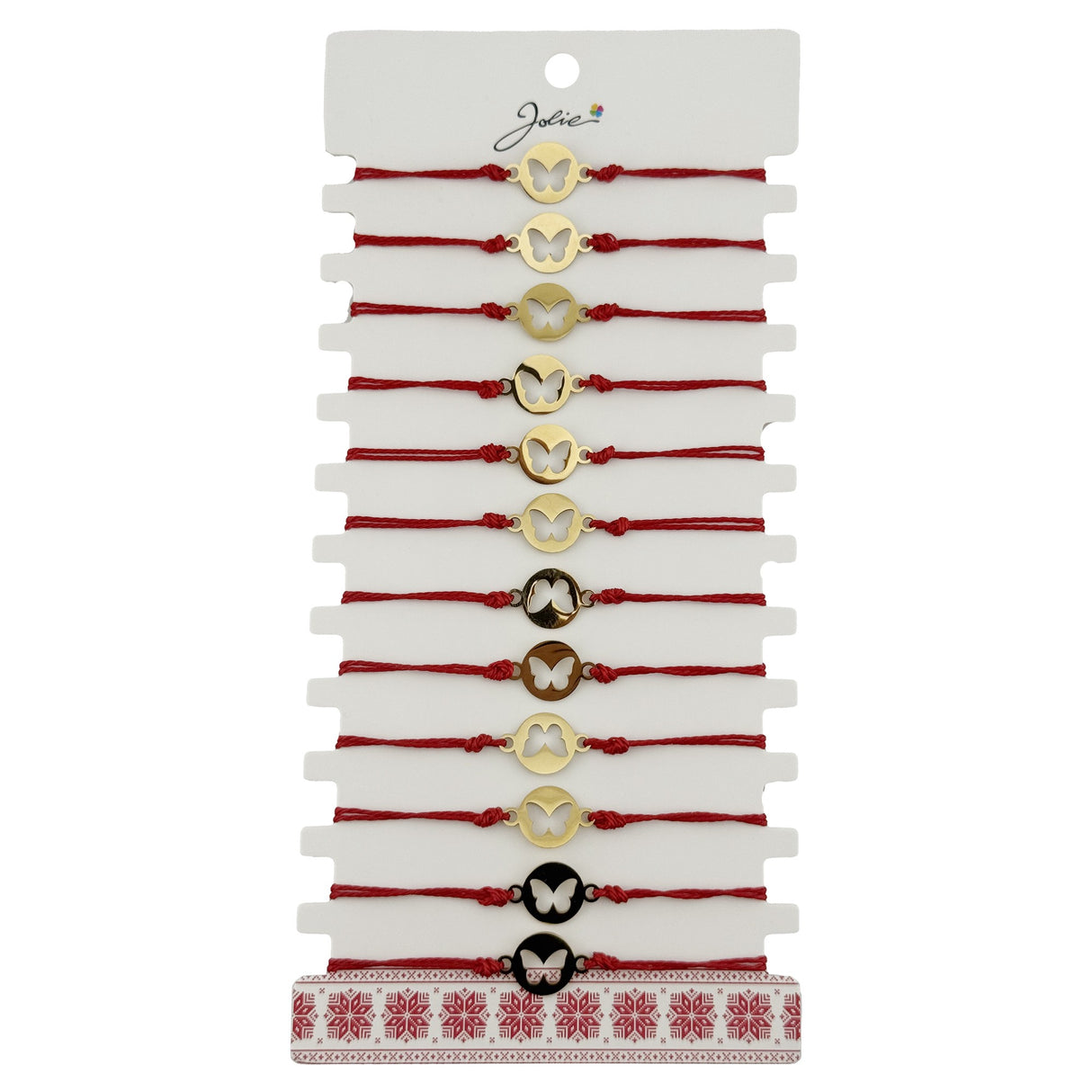 Bratara Martisor pentru Dama, Jolie, Model Fluture in Moneda, Set 12 bucati, Pandativ Auriu din Inox cu Snur Rosu Ajustabil - vivimall.ro