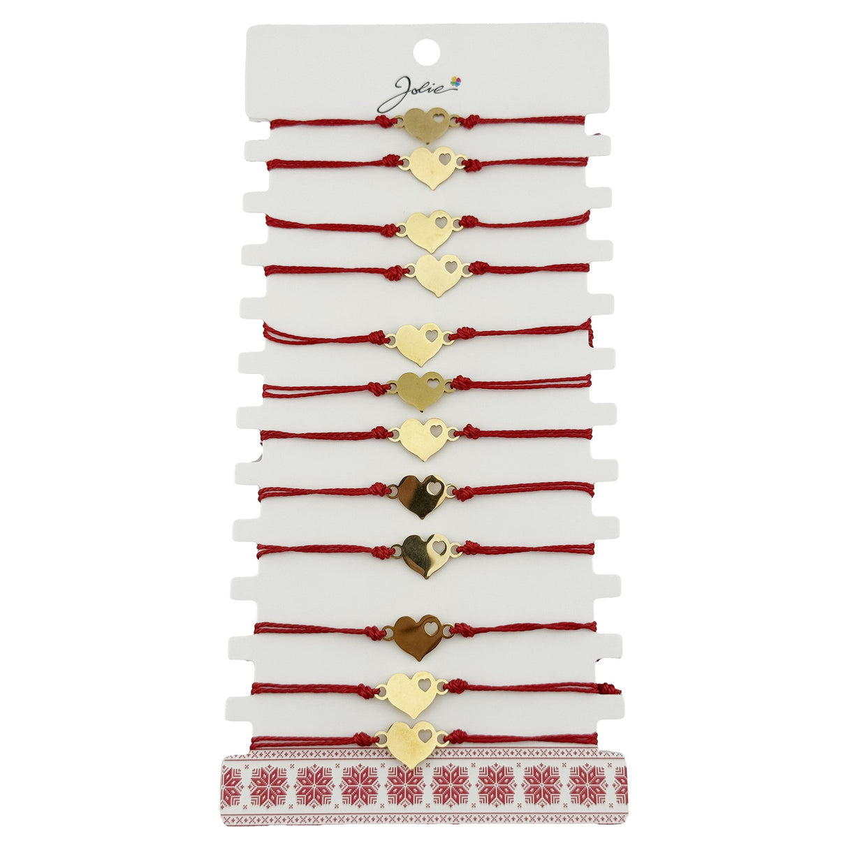 Bratara Martisor pentru Dama, Jolie, Model Inima mica, Set 12 bucati, Pandativ Auriu din Inox cu Snur Rosu Ajustabil - vivimall.ro