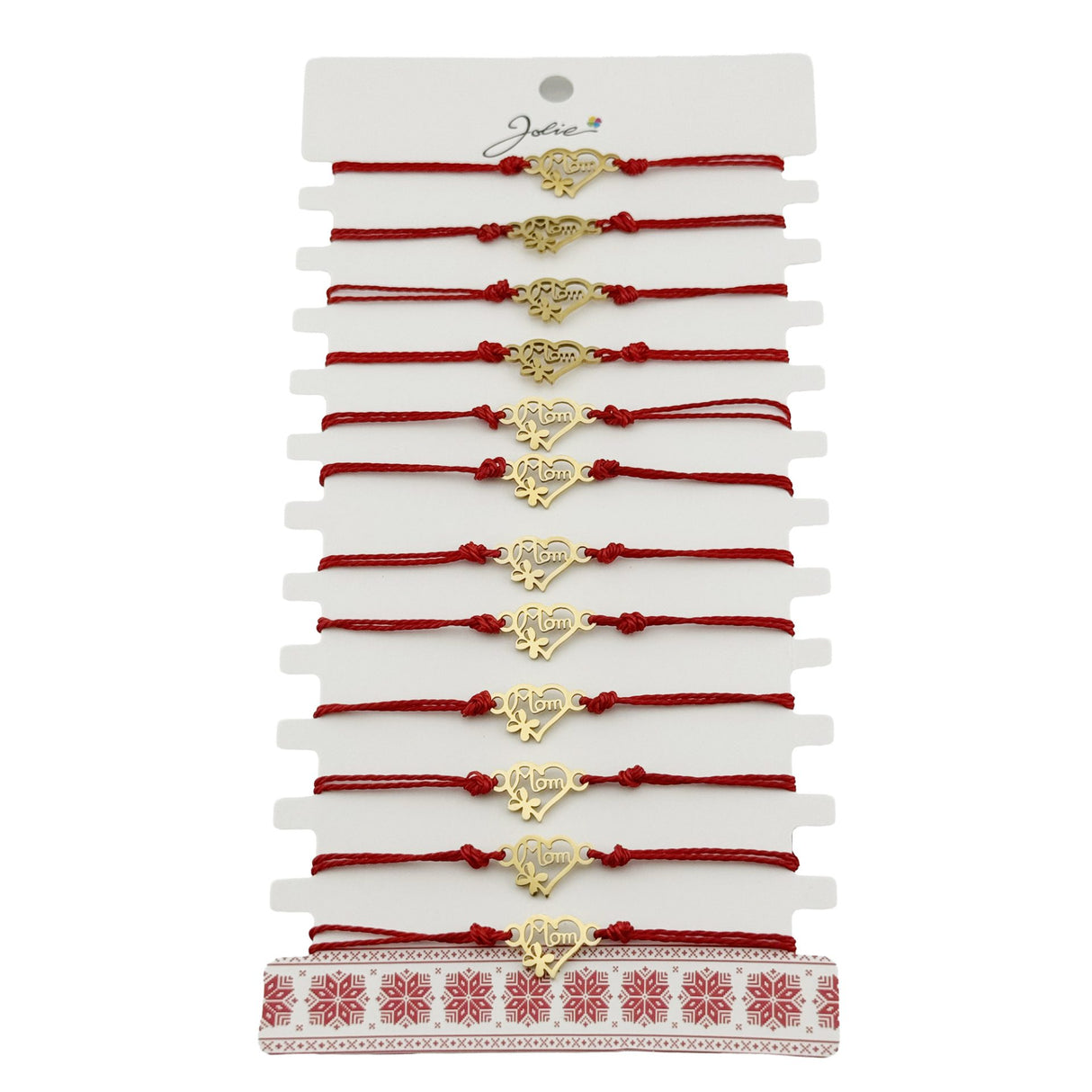 Bratara Martisor pentru Dama, Jolie, Model Inima Mama si Trifoi, Set 12 bucati, Pandativ din Inox Auriu, Snur Ajustabil Impletit, Rosu - vivimall.ro