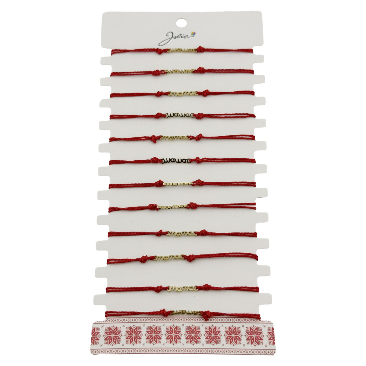 Bratara Martisor pentru Dama, Jolie, Model Mama, Set 12 bucati, Pandativ din Inox Auriu, Snur Ajustabil Impletit, Rosu - vivimall.ro