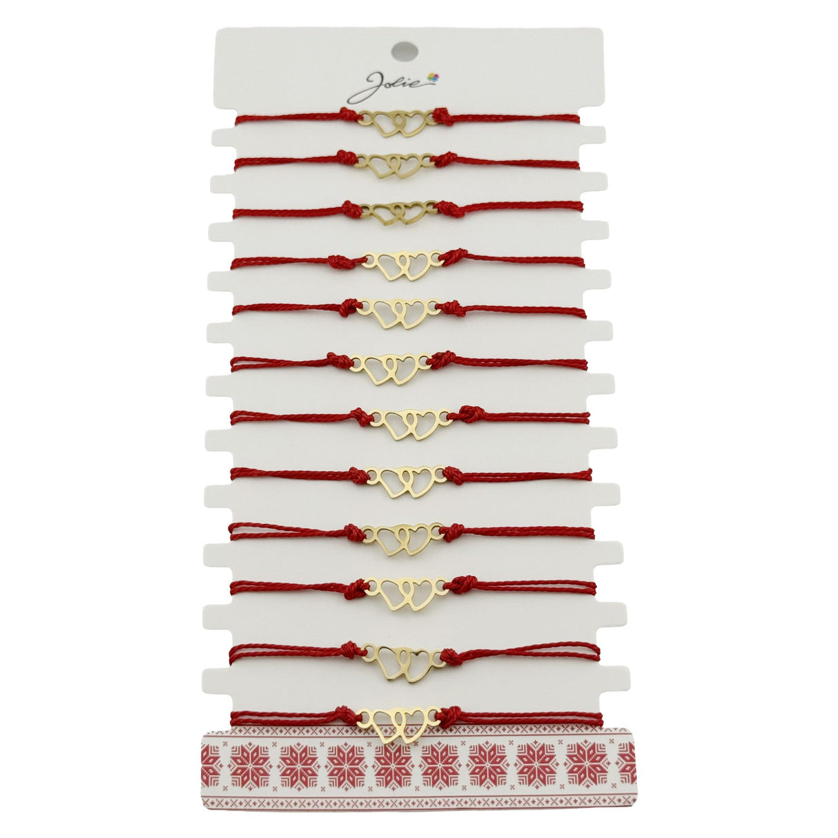Bratara Martisor pentru Dama, Jolie, Model Inima, Set 12 bucati, Pandativ din Inox Auriu, Snur Ajustabil Impletit, Rosu - vivimall.ro