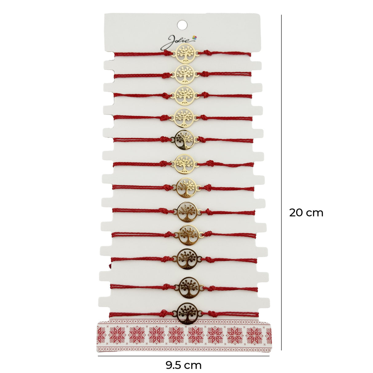 Bratara Martisor pentru Copii, Jolie, Model Copacul Vietii, Set 12 bucati, Pandativ Auriu din Inox cu Snur Rosu Ajustabil - vivimall.ro