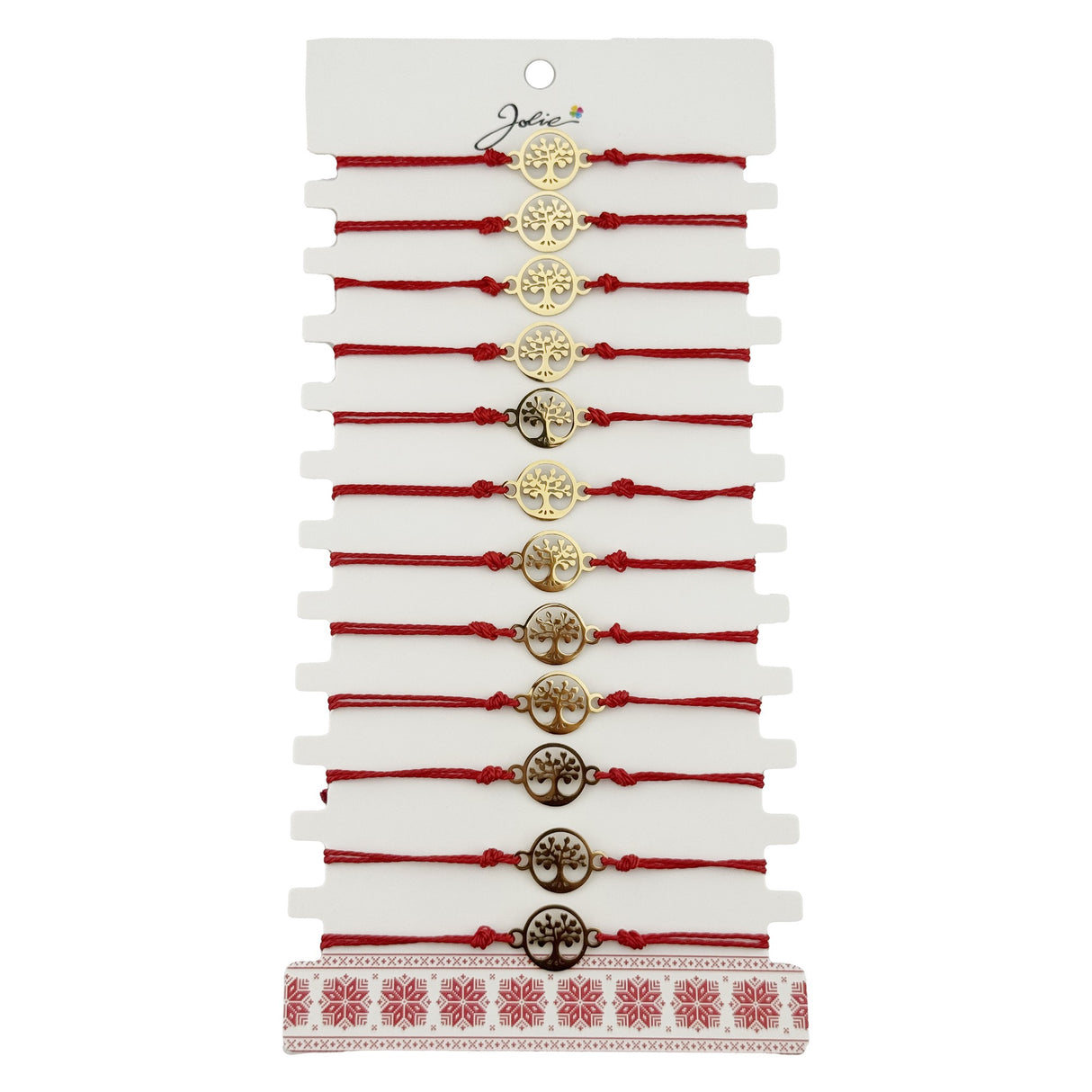 Bratara Martisor pentru Copii, Jolie, Model Copacul Vietii, Set 12 bucati, Pandativ Auriu din Inox cu Snur Rosu Ajustabil - vivimall.ro